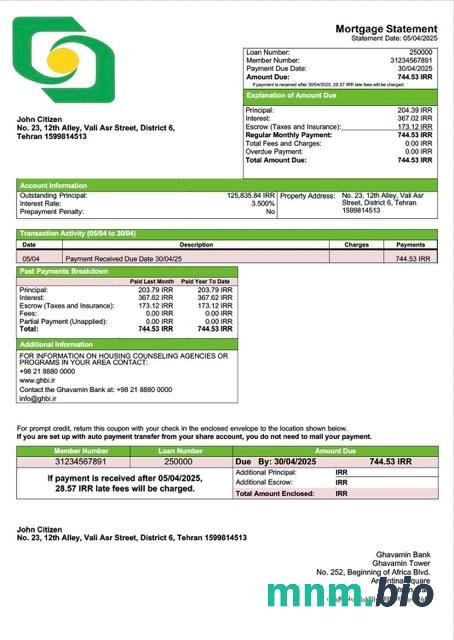 Iran Bank Ghavamin wyciąg z kredytu hipotecznego szablon Word i PDF